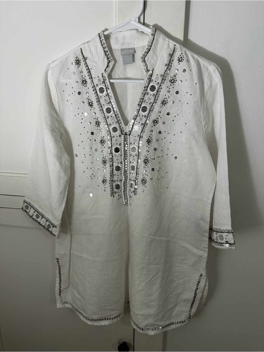 Chico's White Tunic Button-Down Shirt with Silver Embellishment